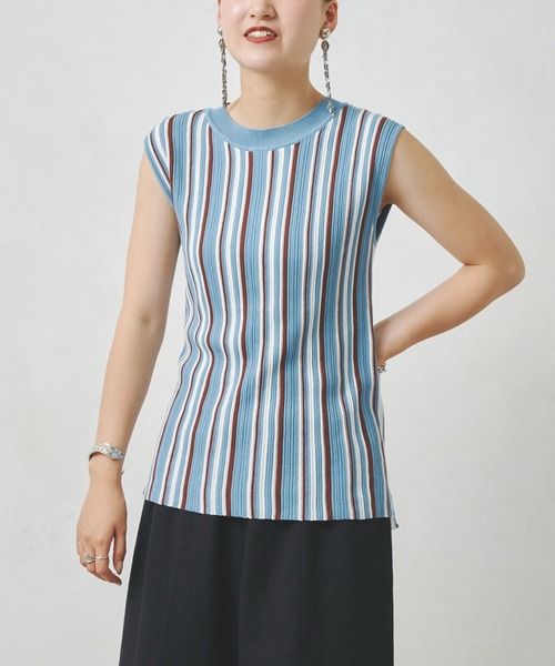 Chez toi（シェトワ）の「マルチストライプノースリニットプルオーバー（ニット/セーター・レディース・オフホワイト/ブラック/ブルー/パープル・FREE）」の11枚目の写真