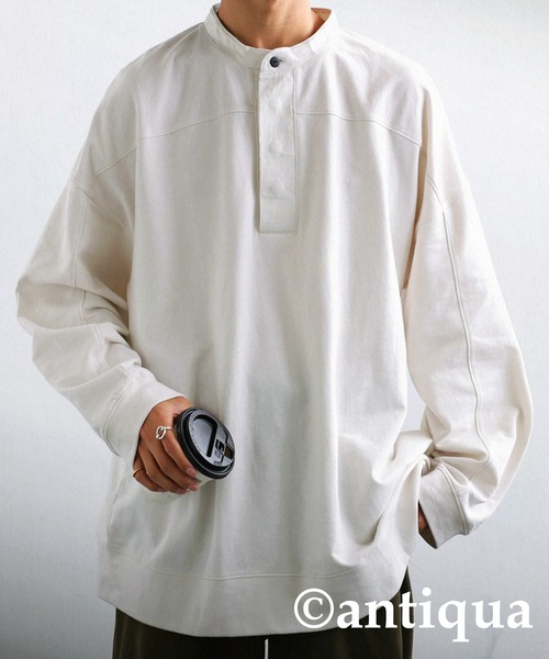 antiqua（アンティカ）の「古着ムードを表現。ヘンリーネック裏毛トップス（シャツ/ブラウス・レディース・ブラック/オフホワイト/カーキ・FREE）」の2枚目の写真