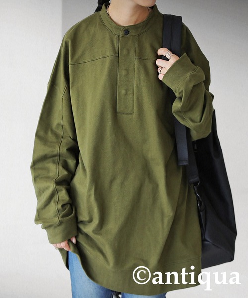 antiqua（アンティカ）の「古着ムードを表現。ヘンリーネック裏毛トップス（シャツ/ブラウス・レディース・ブラック/オフホワイト/カーキ・FREE）」の3枚目の写真