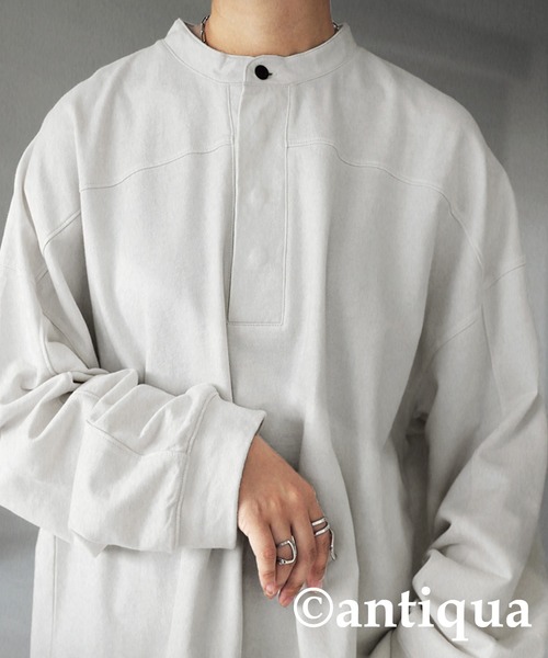 antiqua（アンティカ）の「古着ムードを表現。ヘンリーネック裏毛トップス（シャツ/ブラウス・レディース・ブラック/オフホワイト/カーキ・FREE）」の6枚目の写真