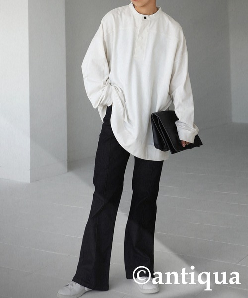 antiqua（アンティカ）の「古着ムードを表現。ヘンリーネック裏毛トップス（シャツ/ブラウス・レディース・ブラック/オフホワイト/カーキ・FREE）」の5枚目の写真
