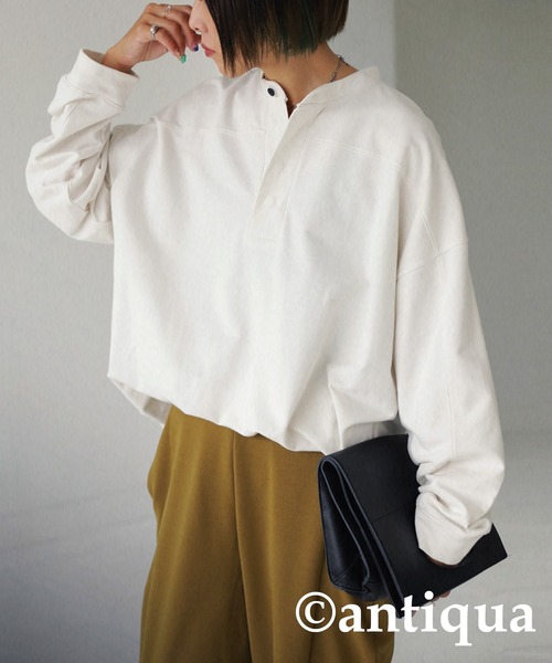 antiqua（アンティカ）の「古着ムードを表現。ヘンリーネック裏毛トップス（シャツ/ブラウス・レディース・ブラック/オフホワイト/カーキ・FREE）」の9枚目の写真