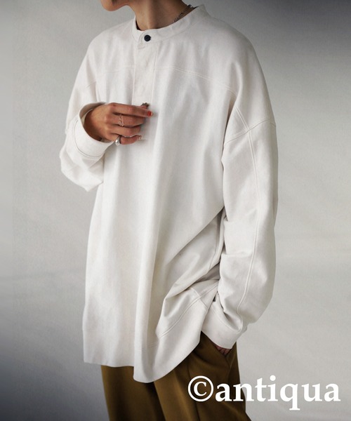 antiqua（アンティカ）の「古着ムードを表現。ヘンリーネック裏毛トップス（シャツ/ブラウス・レディース・ブラック/オフホワイト/カーキ・FREE）」の10枚目の写真