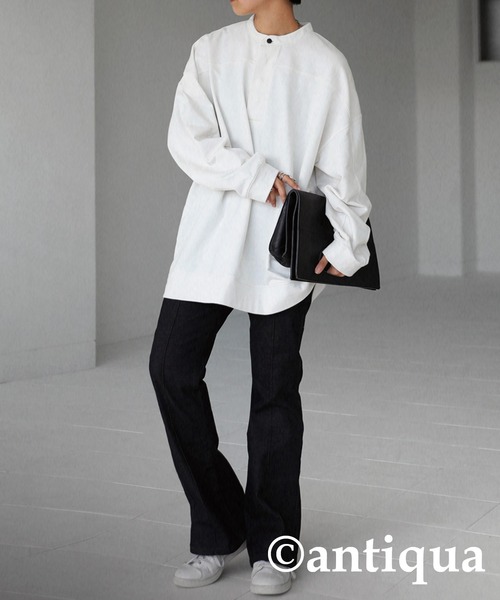 antiqua（アンティカ）の「古着ムードを表現。ヘンリーネック裏毛トップス（シャツ/ブラウス・レディース・ブラック/オフホワイト/カーキ・FREE）」の8枚目の写真