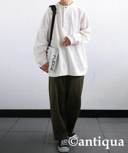 antiqua（アンティカ）の「古着ムードを表現。ヘンリーネック裏毛トップス（シャツ/ブラウス・レディース・ブラック/オフホワイト/カーキ・FREE）」の11枚目の写真