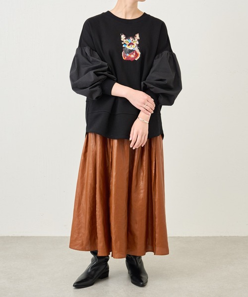 BEARDSLEY(ビアズリー)の「ネコ刺繍袖パフカットソー:すぐにお届け!(Tシャツ/カットソー・レディース・ブラック・FREE)」の12枚目の写真