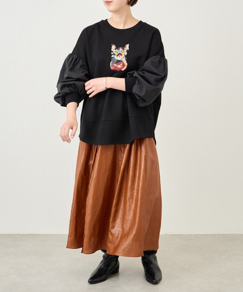 BEARDSLEY(ビアズリー)の「ネコ刺繍袖パフカットソー:すぐにお届け!(Tシャツ/カットソー・レディース・ブラック・FREE)」の14枚目の写真