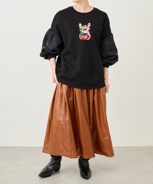 BEARDSLEY(ビアズリー)の「ネコ刺繍袖パフカットソー:すぐにお届け!(Tシャツ/カットソー・レディース・ブラック・FREE)」の15枚目の写真