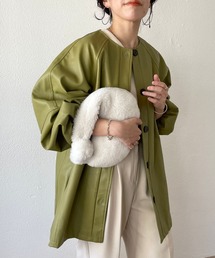 wee9s | volume sleeve fake leather coat / ボリュームスリーブフェイクレザーコート(ノーカラーコート)