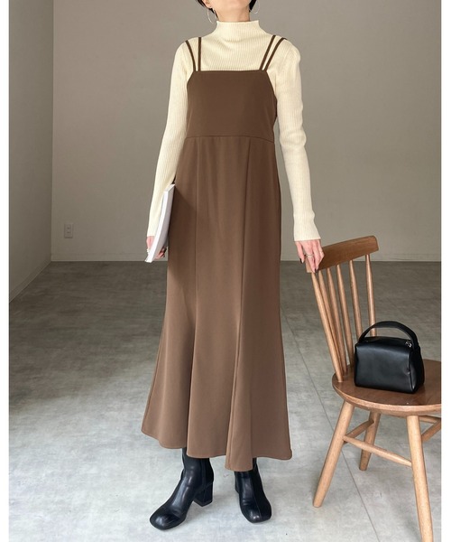 She's Closet（シーズクローゼット）の「【低身長向け/高身長向けサイズあり】ダブルストラップハイウエスト裾フレアロングマーメイドキャミワンピース（ワンピース・レディース・ブラック/ブラウン・FREE/SHORT/TALL）」の12枚目の写真