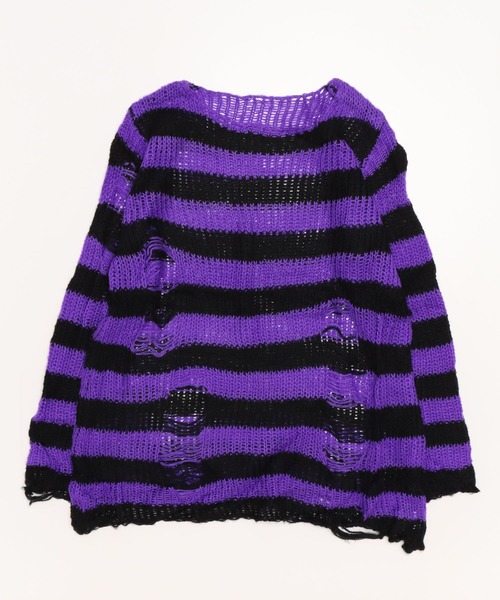 NOVESSEL（ノベセル）の「A'GEM/9 × .kom『NOVESSEL/ノベセル』ボーダーダメージニットソー/ニットプルオーバー（ニット/セーター・レディース・ブラック×ピンク/ブラック×グレー/ブラック×ホワイト/ブラック×パープル/ブラック×レッド/ブラック×ブルー・FREE）」の11枚目の写真
