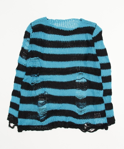 NOVESSEL（ノベセル）の「A'GEM/9 × .kom『NOVESSEL/ノベセル』ボーダーダメージニットソー/ニットプルオーバー（ニット/セーター・レディース・ブラック×ピンク/ブラック×グレー/ブラック×ホワイト/ブラック×パープル/ブラック×レッド/ブラック×ブルー・FREE）」の14枚目の写真