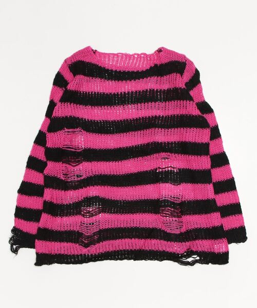 NOVESSEL（ノベセル）の「A'GEM/9 × .kom『NOVESSEL/ノベセル』ボーダーダメージニットソー/ニットプルオーバー（ニット/セーター・レディース・ブラック×ピンク/ブラック×グレー/ブラック×ホワイト/ブラック×パープル/ブラック×レッド/ブラック×ブルー・FREE）」の16枚目の写真