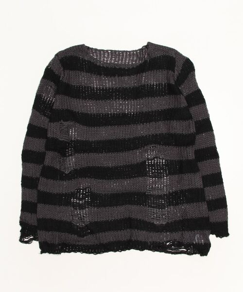 NOVESSEL（ノベセル）の「A'GEM/9 × .kom『NOVESSEL/ノベセル』ボーダーダメージニットソー/ニットプルオーバー（ニット/セーター・レディース・ブラック×ピンク/ブラック×グレー/ブラック×ホワイト/ブラック×パープル/ブラック×レッド/ブラック×ブルー・FREE）」の18枚目の写真