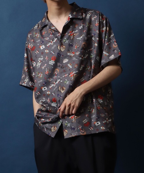 ANPAS（アンパス）の「2WAY Amunzen Total Pattern Print Oversized Open Collar Shirt/2WAY 梨地 総柄プリント オーバーサイズ  オープンカラーシャツ（シャツ/ブラウス・メンズ・グレー系その他/ブラウン系その他/ブルー系その他/グリーン系その他・M/L/LL）」の22枚目の写真