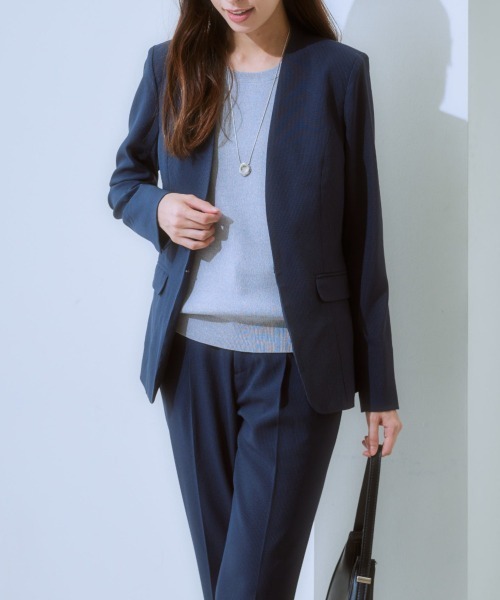 7days Life Styling(セブンデイズライフスタイリング)の「【吸汗速乾】ノーカラージャケット(ストレッチコードレーンシリーズ) <セットアップ対応>(スーツジャケット・レディース・ネイビー系/ネイビー×ホワイト・S/M/LL/L/3L)」の22枚目の写真
