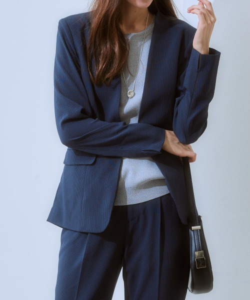 7days Life Styling(セブンデイズライフスタイリング)の「【吸汗速乾】ノーカラージャケット(ストレッチコードレーンシリーズ) <セットアップ対応>(スーツジャケット・レディース・ネイビー系/ネイビー×ホワイト・S/M/LL/L/3L)」の21枚目の写真