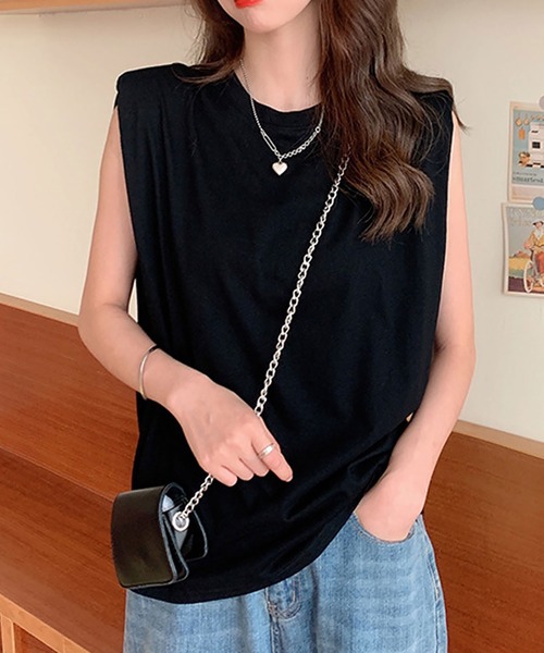 NinaetLina(ニナエリナ)の「クルーネックノースリーブカットソー(Tシャツ/カットソー・レディース・ベージュ/ブラック/ホワイト・FREE)」の1枚目の写真