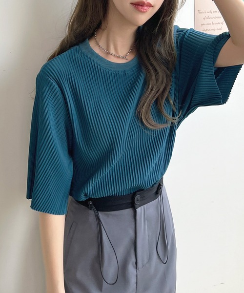 Futier land(フューティアランド)の「ラウンドネックプリーツトップス(Tシャツ/カットソー・レディース・キャメル/ブルー/グレー・FREE)」の7枚目の写真