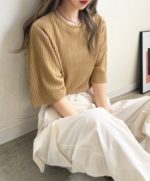 Futier land(フューティアランド)の「ラウンドネックプリーツトップス(Tシャツ/カットソー・レディース・キャメル/ブルー/グレー・FREE)」の16枚目の写真