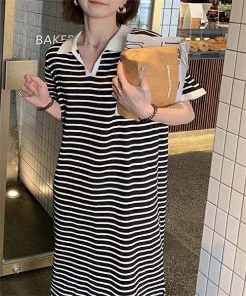 FREE STYLISTS(フリー スタイリスト)の「ボーダー柄ポロシャツワンピース(ワンピース・レディース・グリーン/ブラック・FREE)」の9枚目の写真
