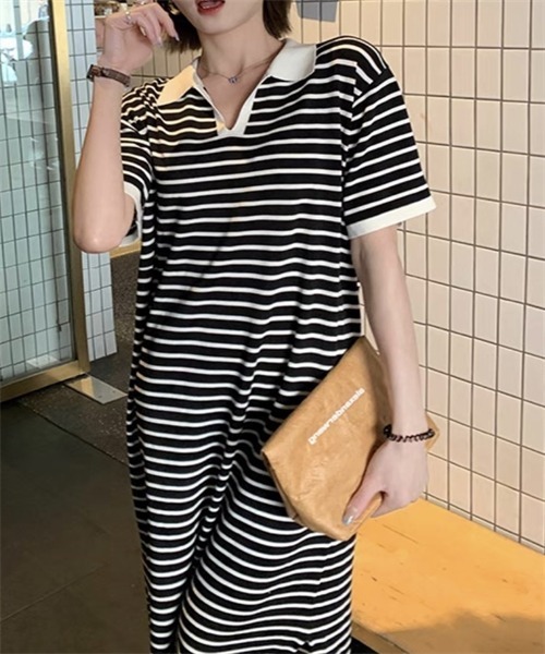 FREE STYLISTS(フリー スタイリスト)の「ボーダー柄ポロシャツワンピース(ワンピース・レディース・グリーン/ブラック・FREE)」の5枚目の写真