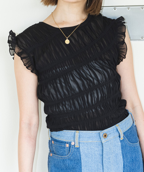 U by SPICK&SPAN（ユーバイスピックアンドスパン）の「シャーリングチュールトップス（シャツ/ブラウス・レディース・ホワイト/ブラック・FREE）」の22枚目の写真