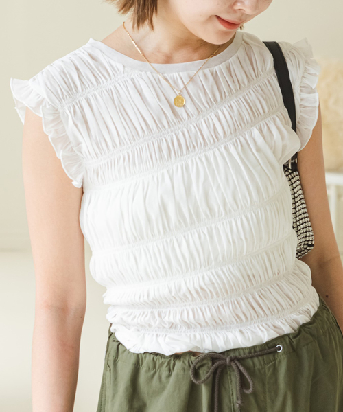 U by SPICK&SPAN（ユーバイスピックアンドスパン）の「シャーリングチュールトップス（シャツ/ブラウス・レディース・ホワイト/ブラック・FREE）」の5枚目の写真