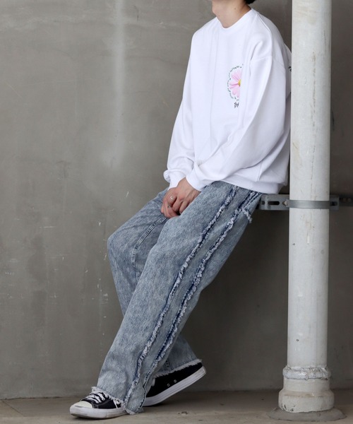 セール】Wide Tapered side fringe Denim pants/ワイドテーパード