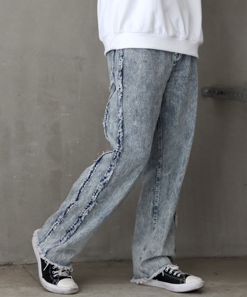 セール】Wide Tapered side fringe Denim pants/ワイドテーパード
