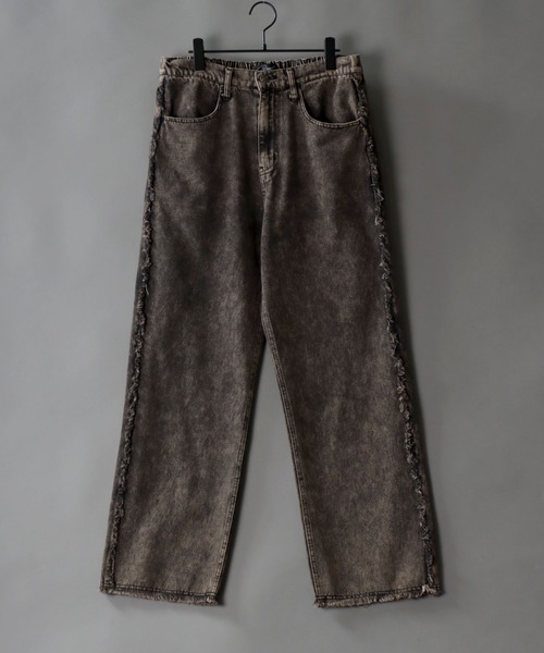 セール】Wide Tapered side fringe Denim pants/ワイドテーパード