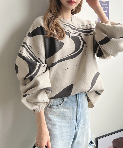 Futier land（フューティアランド）の「マーブル柄ニットプルオーバー（ニット/セーター・レディース・グレー/アイボリー/ブラック・FREE）」の11枚目の写真