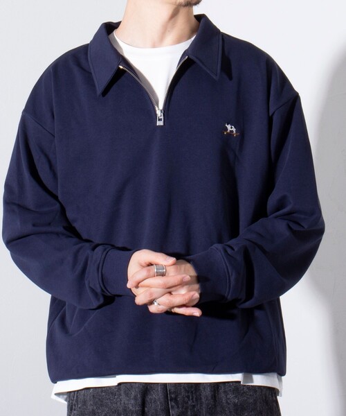 GLOSTER（グロスター）の「【GLOSTER/グロスター】フレンチブルドッグ刺繍 ハーフジップ スウェットポロ（ポロシャツ・メンズ・グレイッシュブルー/ライトグレー/ネイビー・M/L/S）」の17枚目の写真