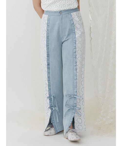merry jenny（メリージェニー）の「スリットレースデニムパンツ（デニムパンツ・レディース・オフホワイト/ブルー・FREE）」の4枚目の写真