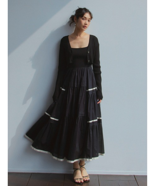 ニットコンビタックティアードワンピース　カーディガン　セット　フレイアイディー フレイアイディ ニットコンビタックティアードワンピース フレイ