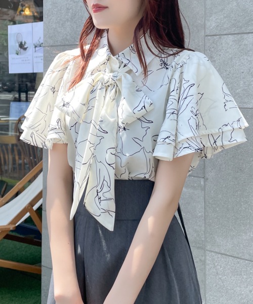 TORTE（トルテ）の「フレアスリーブリボンタイブラウス（シャツ/ブラウス・レディース・ピンク/ホワイト系その他/ホワイト/ブラック系その他・FREE）」の4枚目の写真