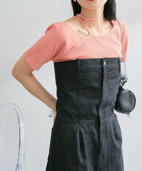 Kastane(カスタネ)の「*【新色追加/5色展開/肩紐アレンジ】テレコワンショルTee(Tシャツ/カットソー・レディース・ピンク/ブルー/アイボリー/ブラック/ブラウン・FREE)」の5枚目の写真