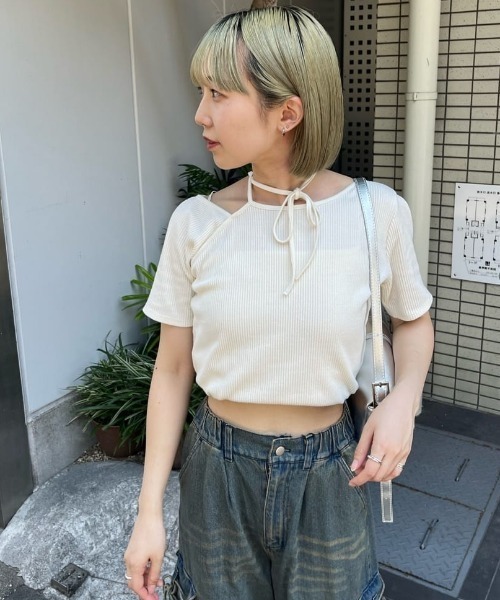 Kastane(カスタネ)の「*【新色追加/5色展開/肩紐アレンジ】テレコワンショルTee(Tシャツ/カットソー・レディース・ピンク/ブルー/アイボリー/ブラック/ブラウン・FREE)」の1枚目の写真