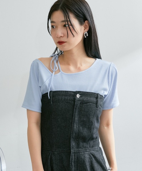 Kastane(カスタネ)の「*【新色追加/5色展開/肩紐アレンジ】テレコワンショルTee(Tシャツ/カットソー・レディース・ピンク/ブルー/アイボリー/ブラック/ブラウン・FREE)」の6枚目の写真