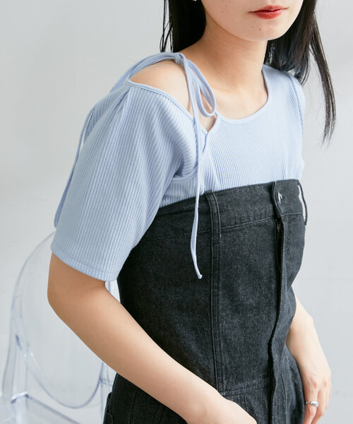 Kastane(カスタネ)の「*【新色追加/5色展開/肩紐アレンジ】テレコワンショルTee(Tシャツ/カットソー・レディース・ピンク/ブルー/アイボリー/ブラック/ブラウン・FREE)」の7枚目の写真