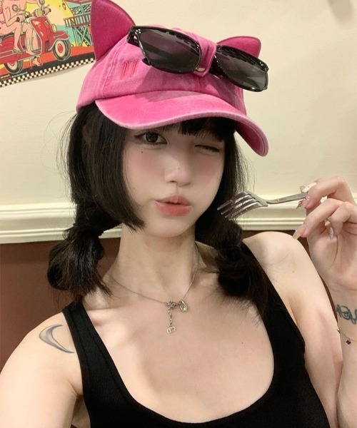 人気商品ランキング セール】猫耳 ベースボール キャップ サングラス付 UVカット 帽子