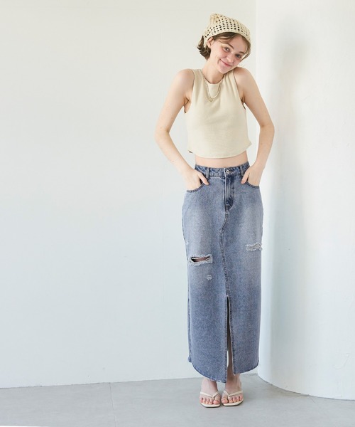 デニムスカート マキシタイト ダメージ グラデーション スリット GYDA（ジェイダ）の「ダメージスリット ロングスカートライク