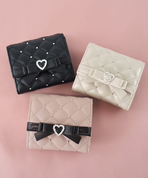 セール】ボックスコイン 3ツ折財布 ミニ財布 キルティング リボン