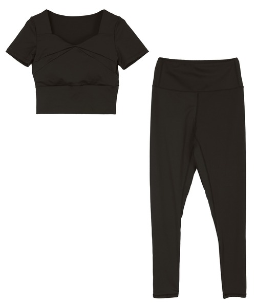 yosa テラウェア上下セット 長袖+ジップラインパンツ 黒 セール】ラインデザイン半袖ヨガウェアセットアップ（Tシャツ