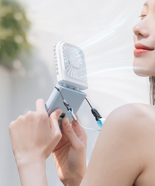 Cinderella（シンデレラ）の「ハンディファン 扇風機 持ち運び 首掛け扇風機 卓上扇風機 小型扇風機 折りたたみ式 コンパクト ミニ扇風機 モバイルバッテリー スマホスタンド 薄型 薄い 軽い 充電式 Type-C USB シンプル 夏 長持ち かわいい おしゃれ（生活家電・レディース・ホワイト/ピンク/ブラック×ホワイト/ホワイト×ブルー・FREE）」の5枚目の写真