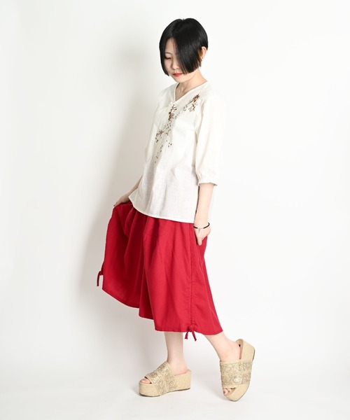 MARAI（マーライ）の「サイドリボン ワイドクロップドパンツ イージーパンツ（その他パンツ・レディース・レッド/グリーン/ベージュ/ネイビー/ブラック/ホワイト×ブラック/ブラック×レッド・FREE）」の15枚目の写真