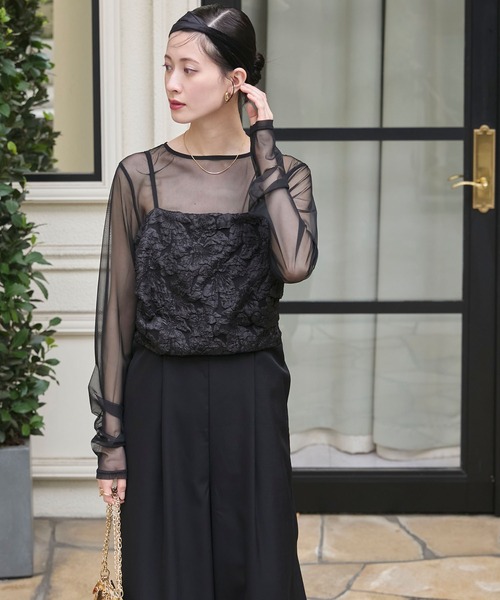 forksy.（フォルクシー）の「【forksy.】【オケージョン対応】シアーカットソー＆ジャガードビスチェデザインサロペット（パンツドレス・レディース・グレイッシュベージュ/ブラック・FREE）」の8枚目の写真