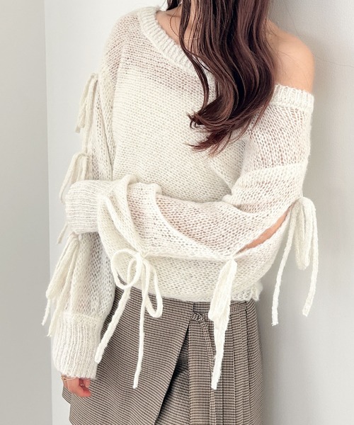 Heather（ヘザー）の「リボンメッシュラメニット　145360（ニット/セーター・レディース・ブルー/オフホワイト/ピンク/イエロー・FREE）」の2枚目の写真