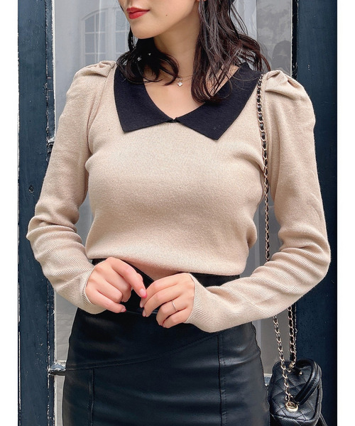 MIIA（ミーア）の「衿付配色長袖ニット（ニット/セーター・レディース・ブラック/ベージュ/ボルドー・FREE）」の3枚目の写真