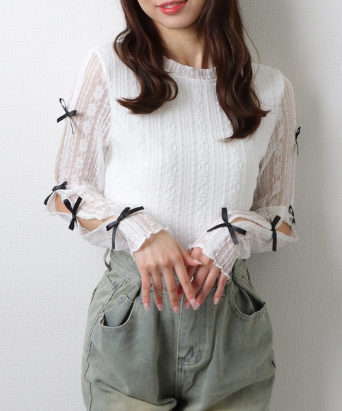Lace Ladies(レースレディース)の「メニーリボン シアー ドッキング 長袖 レース プルオーバー(Tシャツ/カットソー・レディース・ブラック/ホワイト・M)」の2枚目の写真